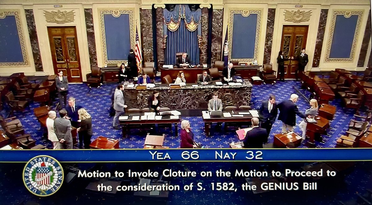 The GENIUS Act has passed its first big procedural hurdle, with 16 Democrats joining Republicans on the vote. Many steps to go, but a historic early win on the road to getting a stablecoin bill enacted into law. Crypto is again showing that it’s the biggest bipartisan issue in