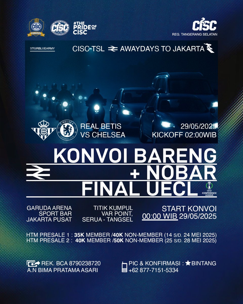 CISCtangsel's tweet photo. π¨ FINAL UECL 2025: KONVOI + NOBAR!
#STGRBlueArmy #CISCTangsel #TangselIsMagic #YourTrulyHome #ThePrideOfCISC #FinalUECL #KonvoiNobarCISC #AwaydaysToJakarta https://t.co/Zui7ghdP03