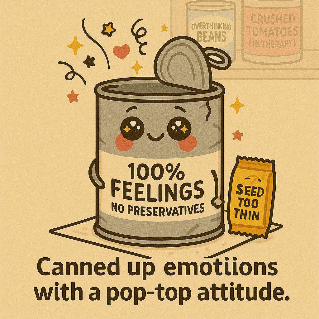ZappyTalk's tweet photo. 🥫 Dosen - Diva
Canned up emotions with a pop-top attitude.
#SnackAttitude #CannedChaos #CuteButCrushed #DentedButSmiling #EmotionalShelfLife #SweetSnackMeltdown #SnackHumor https://t.co/UYfr8cBiq0