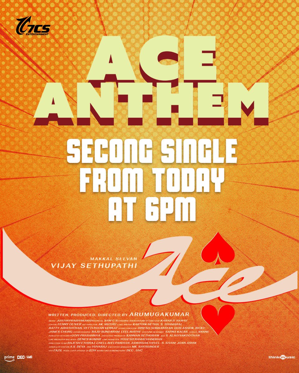 Just hours until Ace Anthem takes over your playlist! 🔥  
Set those reminders at 6 PM TODAY and let the Swag speak! ❤‍🔥

Watch The Trailer ▶️ youtu.be/zJVimAeVXk4?si…

#ACEFromMay23

<a href="/VijaySethuOffl/">VijaySethupathi</a> <a href="/rukminitweets/">rukmini</a> <a href="/7CsPvtPte/">7Cs Entertaintment</a> <a href="/Aaru_Dir/">Arumugakumar</a> <a href="/iYogiBabu/">Yogi Babu</a> 
#MakkalSelvan 
#VijaySethupathi