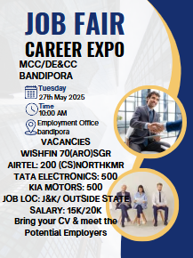 Employment Office Bandipora is organizing a Job Fair for aspiring job seekers. Don't miss this opportunity to connect with top employers!
Reg here:forms.gle/mrpRzP5axxC8cJ…
<a href="/dcbandipora/">Deputy Commissioner Bandipora</a> <a href="/dicbandipora/">Information & PR, Bandipora</a>