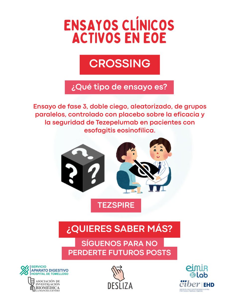 🎗️ 22 de mayo | #DíaMundial de la Esofagitis Eosinofílica (#EoE)
Como grupo de referencia europeo en la investigación de la Esofagitis Eosinofílica, #damosluzalaEoE
💬Conoce nuestros ensayos clínicos en activo con medicamentos para EoE
🔗 Más información:
serviciodigestivotomelloso.es/unidad-eoe/ens…