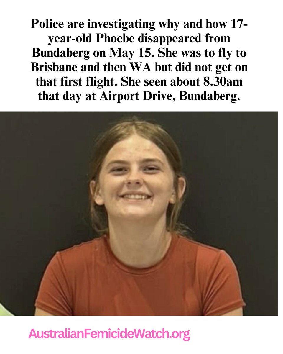 ShereleMoody's tweet photo. Phoebe Bishop was supposed to get on a plane - but she didn't.
She's been missing for five days and cops are worried someone has harmed her.
She is only 17.
Police are investigating why and how Phoebe disappeared from Bundaberg on May 15. She was to fly to Brisbane and then WA but did not get on that first flight. 
She was seen about 8.30am that day at Airport Drive, Bundaberg.
Police want to speak to the owners of a grey-silver 2011 Hyundai i35 seen in the area the day Phoebe went missing from.
The teenager’s luggage has not been found.  
The Missing Persons Unit is involved and they have not ruled out the possibility of someone having harmed her.
"My heart is breaking and so are those of her siblings, her family and our friends," her mum wrote on social media.  
"Flea Flea my heart tells me that you won’t see this, but I love you more than anything in the world and I would be homeless just to hear you say: ‘Hey Mummzie what’s doing’. 
"I would honestly sell my soul to hear those words."
IF YOU KNOW ANYTHING, PLEASE DIAL 000, POLICELINK ON 131 444  OR CRIMESTOPPERS ON 1800 333 000.

***
❤️SUPPORT MY WORK❤️
Please support my work and the Memorial to Women and Children Lost to Violence and Australian Femicide Watch. You can donate or grab a RED HEART t-shirt! 100% of money raised funds the Memorial and Australian Femicide Watch.

LINKS IN BIO
❤️Donate: https://t.co/T0ZFsihg8G
❤️Shop: https://t.co/LnhouavOUq

#femicide #violenceagainstwomen #womenssafety #maleviolence #domesticviolence