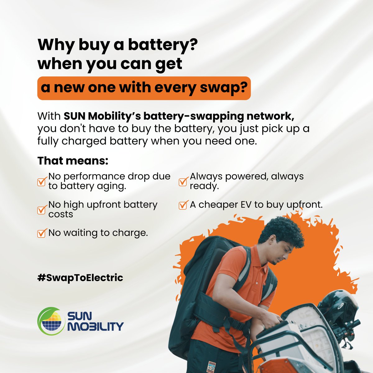 SUN Mobility (@sun_mobility) on Twitter photo Owning a battery is old school. With SUN Mobility, you get instant access to charged batteries whenever you need them. No waiting, no battery aging, no extra cost. Just swap and go โ itโs that simple. Electric mobility, reimagined.
<a href="/MainiChetan/">Chetan Maini</a> <a href="/SUN_mobility/">SUN Mobility</a>
#SwapToElectric Owning a battery is old school. With SUN Mobility, you get instant access to charged batteries whenever you need them. No waiting, no battery aging, no extra cost. Just swap and go โ itโs that simple. Electric mobility, reimagined.
<a href="/MainiChetan/">Chetan Maini</a> <a href="/SUN_mobility/">SUN Mobility</a>
#SwapToElectric