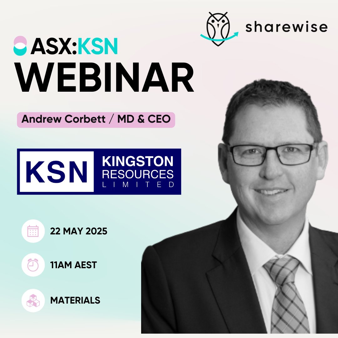 Sharewise (@sharewiseau) on Twitter photo Watch our webinar w/ <a href="/KSNResources/">Kingston Resources</a>, feat. MD & CEO Andrew Corbett. The webinar will commence w/a presentation, followed by a Q&A.
Topics:
- Latest $95M Misima transaction sale to Ok Tedi
- Company’s focus on growth at Mineral Hill in Cobar, NSW
Register: hubs.la/Q03ngppb0 Watch our webinar w/ <a href="/KSNResources/">Kingston Resources</a>, feat. MD & CEO Andrew Corbett. The webinar will commence w/a presentation, followed by a Q&A.
Topics:
- Latest $95M Misima transaction sale to Ok Tedi
- Company’s focus on growth at Mineral Hill in Cobar, NSW
Register: hubs.la/Q03ngppb0