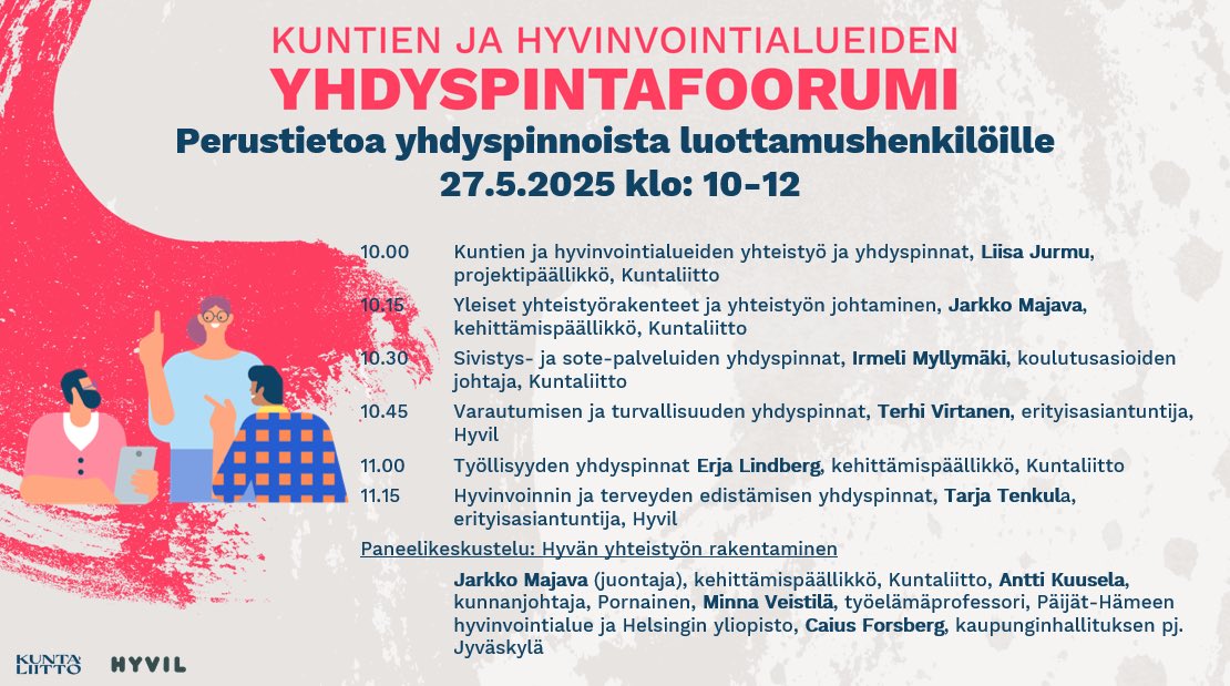 Liisa Jurmu (@liisajurmu) on Twitter photo Ensi viikolla pidetään kevään toinen yhdyspintafoorumi. Luvassa perustietoa yhteistyöstä luottamushenkilöille ja asiasta kiinnostuneille.
Luvassa myös keskustelua hyvän yhteistyön rakentamisesta. Tervetuloa!
Ilmot ja kysymykset: kuntaliitto.fi/tapahtumat/202…
<a href="/Kuntaliitto/">Kuntaliitto | Kommunförbundet</a> <a href="/HyvilOy/">Hyvinvointialueyhtiö Hyvil Oy</a> Ensi viikolla pidetään kevään toinen yhdyspintafoorumi. Luvassa perustietoa yhteistyöstä luottamushenkilöille ja asiasta kiinnostuneille.
Luvassa myös keskustelua hyvän yhteistyön rakentamisesta. Tervetuloa!
Ilmot ja kysymykset: kuntaliitto.fi/tapahtumat/202…
<a href="/Kuntaliitto/">Kuntaliitto | Kommunförbundet</a> <a href="/HyvilOy/">Hyvinvointialueyhtiö Hyvil Oy</a>