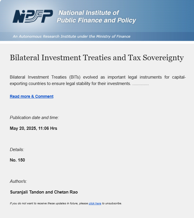 Bilateral investment treaties need to be designed carefully to balance economic interests with the need to maintain tax sovereignty. Chetan Rao and I write what might be considered important for design of BITs. rb.gy/vct8k0