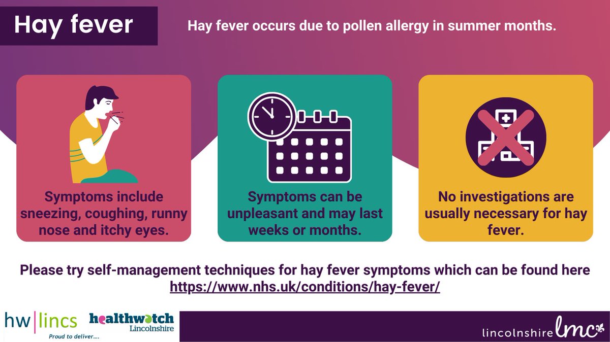 Lots of people are suffering with hay fever at the moment. This can be self-managed effectively without needing to visit a GP. 
Visit: nhs.uk/conditions/hay…

#LincsLMCInfographics
#PharmacyFirst