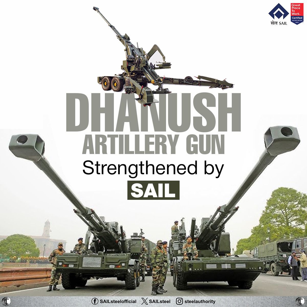 SAILsteel's tweet photo. India's Artillery Gun "Dhanush" roars to life with SAIL's special steel. A testament to indigenous power and SAIL's commitment to national security.

#SteelAuthority #SAIL #SteelAuthorityofIndiaLimited #SteelIndia #सेल #SAILIndia #SAILSteel #SAILSalem #MadeInIndia #BestInClass #StrengthofSAIL #SteelofTheNation #Dhanush #IndianArmy 

@narendramodi @hd_kumaraswamy @BjpVarma @PMOIndia @SteelMinIndia @CBC_MIB @PIB_India @mygovindia
