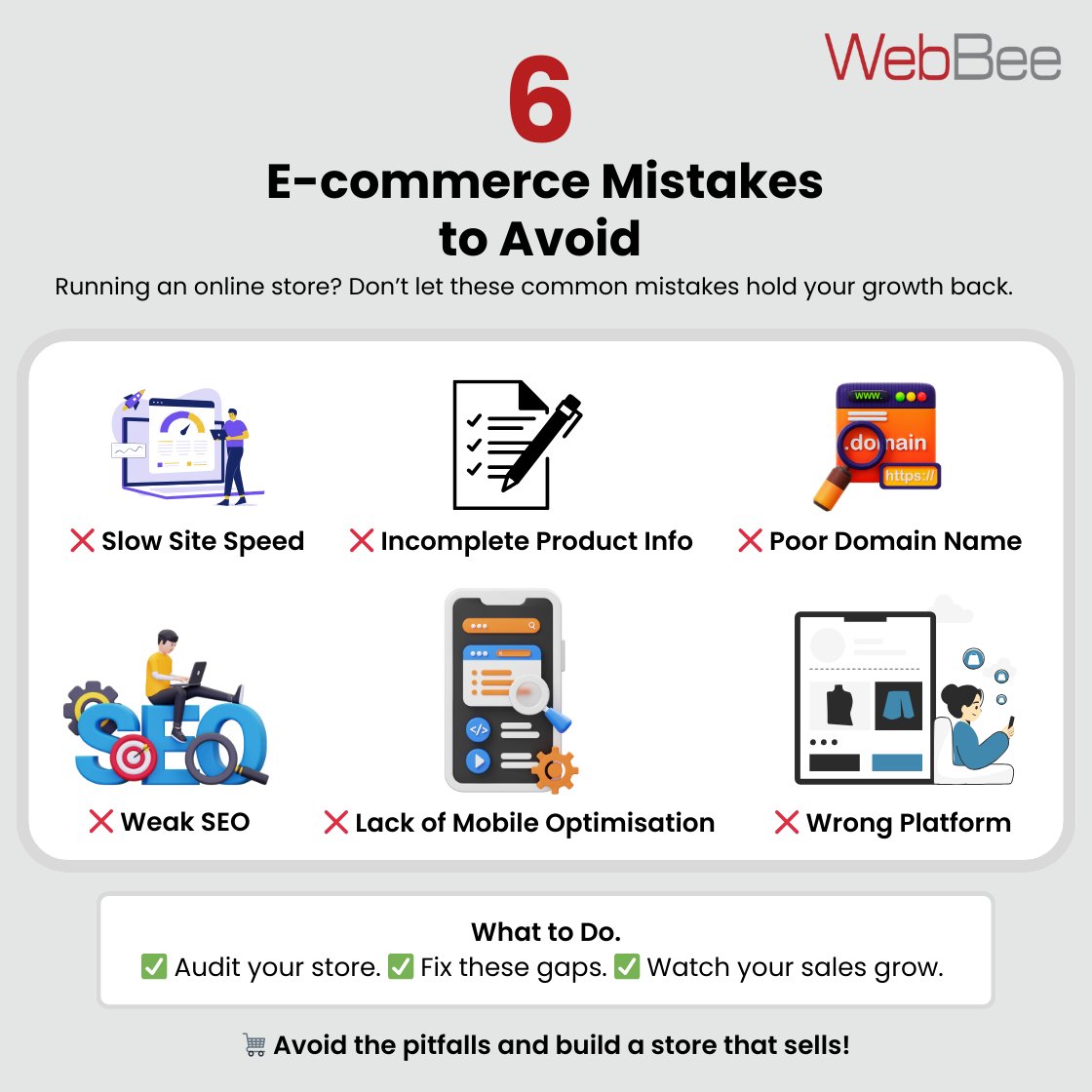 webbeeglobal's tweet image. Your e-commerce store could be losing sales because of simple mistakes!
Here are 6 pitfalls to avoid when building and managing your webstore.
Which one are you fixing today?

#EcommerceMistakes #SellSmart #OnlineStoreTips #WebBeeGlobal #EcommerceGrowth #DigitalCommerce