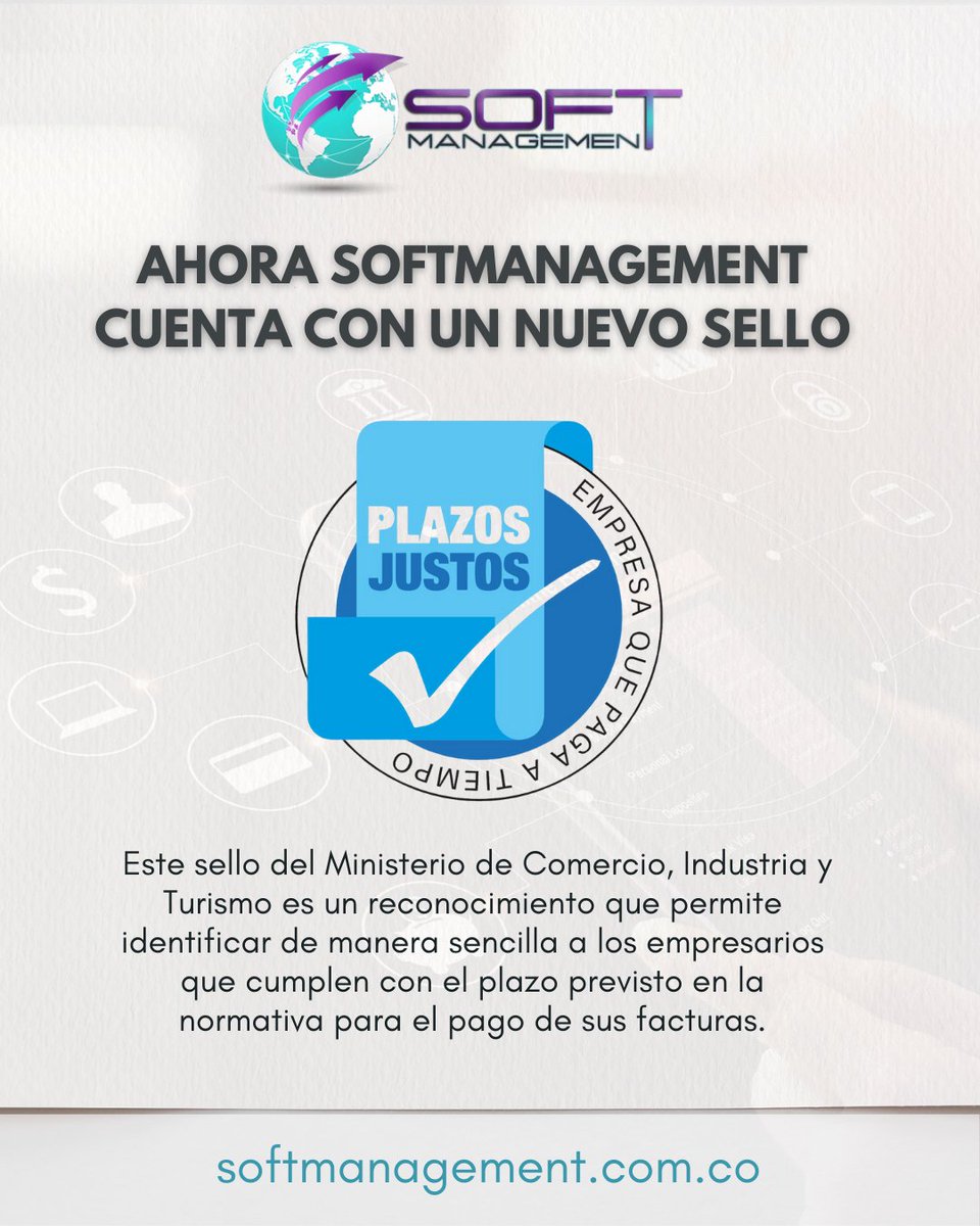 En <a href="/SoftManagement_/">SoftManagement S.A.</a>  hemos sido reconocidos con el Sello Plazos Justos de <a href="/MincomercioCo/">MinComercio Colombia</a>.
💙 Este reconocimiento es un logro que compartimos con quienes confían en nosotros cada día. ¡Seguimos construyendo relaciones basadas en la confianza!