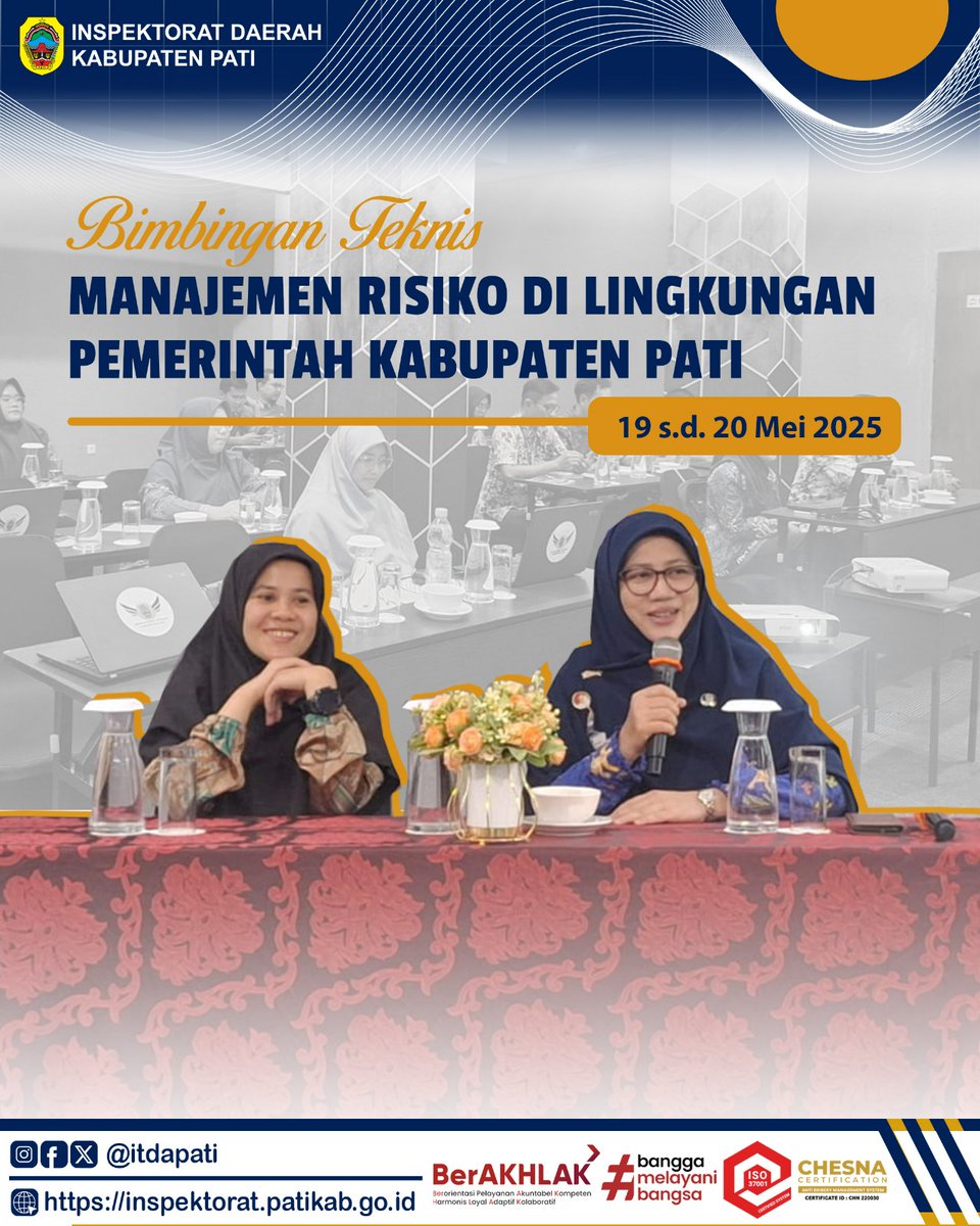 itdapati's tweet image. Selasa (20/05/2025) Inspektorat Daerah Kab. Pati mengikuti Bimbingan Teknis Manajemen Risiko di Lingkungan Pemerintah Kabupaten Pati dengan narasumber dari Perwakilan BPKP Provinsi Jawa Tengah. Kegiatan berlangsung dari 19 s.d 20 Mei 2025 di Hotel Radja Semarang.

#ASNBerAkhlak