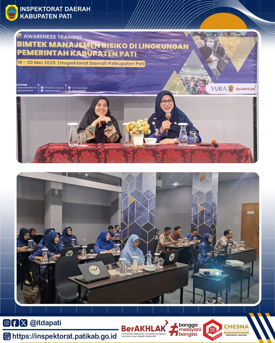 itdapati's tweet image. Selasa (20/05/2025) Inspektorat Daerah Kab. Pati mengikuti Bimbingan Teknis Manajemen Risiko di Lingkungan Pemerintah Kabupaten Pati dengan narasumber dari Perwakilan BPKP Provinsi Jawa Tengah. Kegiatan berlangsung dari 19 s.d 20 Mei 2025 di Hotel Radja Semarang.

#ASNBerAkhlak