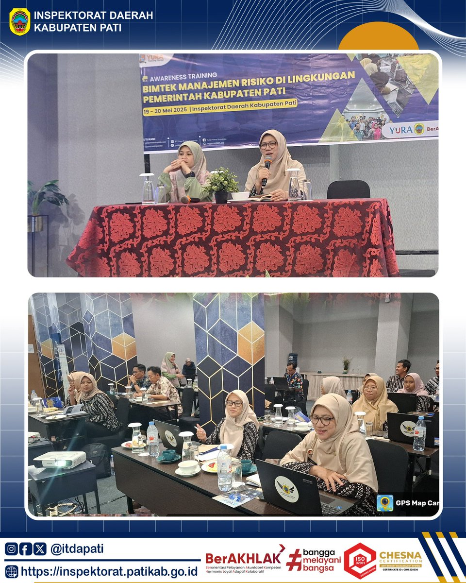 itdapati's tweet image. Selasa (20/05/2025) Inspektorat Daerah Kab. Pati mengikuti Bimbingan Teknis Manajemen Risiko di Lingkungan Pemerintah Kabupaten Pati dengan narasumber dari Perwakilan BPKP Provinsi Jawa Tengah. Kegiatan berlangsung dari 19 s.d 20 Mei 2025 di Hotel Radja Semarang.

#ASNBerAkhlak