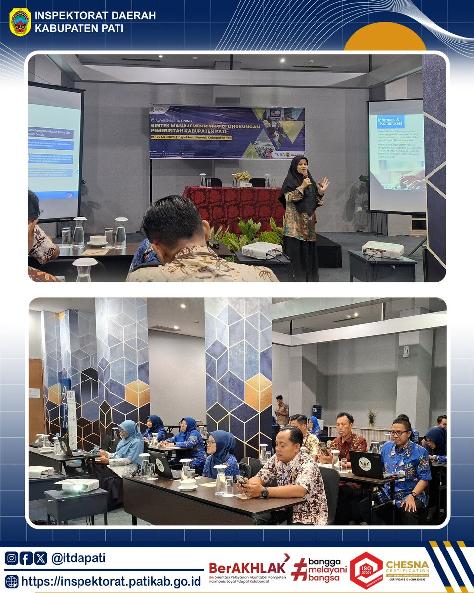 itdapati's tweet image. Selasa (20/05/2025) Inspektorat Daerah Kab. Pati mengikuti Bimbingan Teknis Manajemen Risiko di Lingkungan Pemerintah Kabupaten Pati dengan narasumber dari Perwakilan BPKP Provinsi Jawa Tengah. Kegiatan berlangsung dari 19 s.d 20 Mei 2025 di Hotel Radja Semarang.

#ASNBerAkhlak