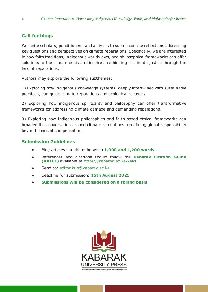 Kabarak University Press (@kabupresske) on Twitter photo π Call for Contributions
Reimagine climate justice with us. Share bold, thoughtful reflections on reparations through indigenous wisdom, faith, and philosophy.
ποΈ Deadline: 15 August 2025
π© editor.kup@kabarak.ac.ke
#ClimateJustice #FaithAndEnvironment π Call for Contributions
Reimagine climate justice with us. Share bold, thoughtful reflections on reparations through indigenous wisdom, faith, and philosophy.
ποΈ Deadline: 15 August 2025
π© editor.kup@kabarak.ac.ke
#ClimateJustice #FaithAndEnvironment