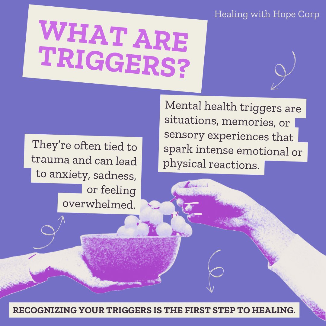 HealingwHope's tweet photo. 🧠 Let’s Talk About Mental Health Triggers
Triggers are emotional or physical reactions tied to past pain.

They can show up as:
• Anxiety
• Panic
• Withdrawal
• Overwhelm

Types of triggers include:
🔹 Internal
🔹 External
🔹 Situational
🔹 Emotional

#KnowYourTriggers
1/2 https://t.co/kRvXqYZGe1