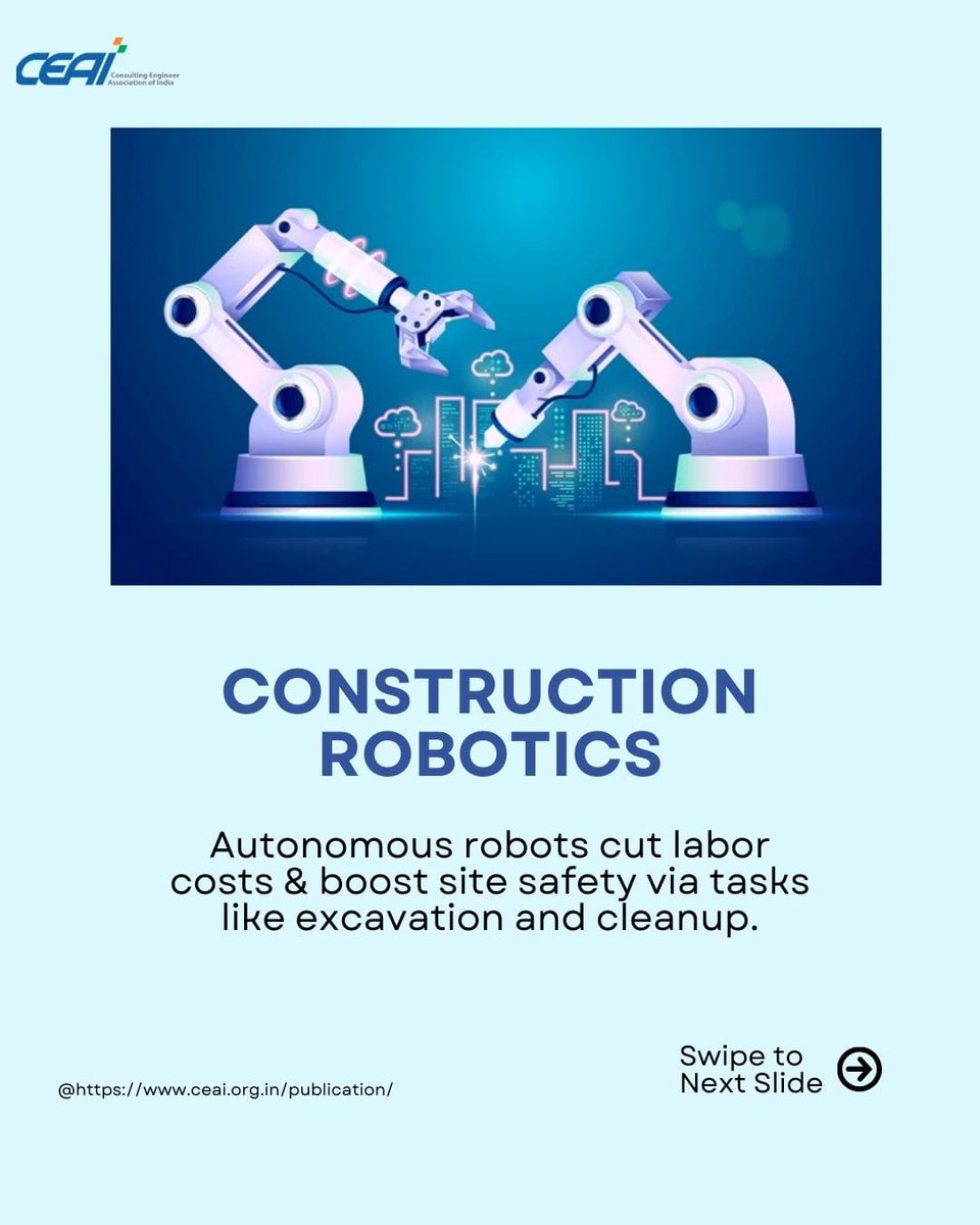 AI is transforming construction: smarter designs, safer sites, eco-friendly builds, real-time inspections &amp; cost control. From drones to robotics, the future of building is here. 🏗️🤖

Read more on👇
ceai.org.in/wp-content/upl…

 #constructiontechnology #Ai #Innovation #ceai