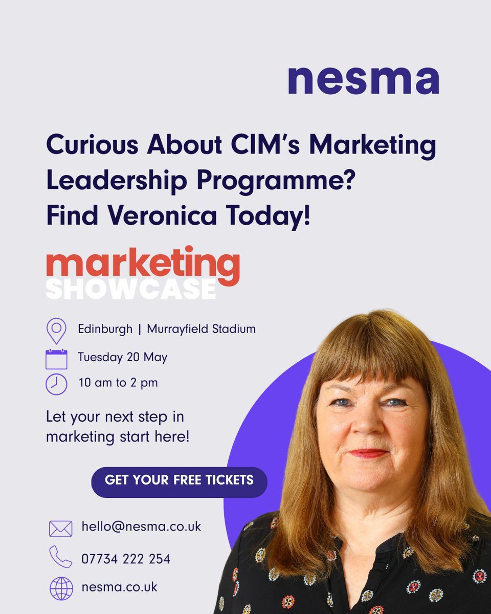 @nesmatraining (@nesmatraining) on Twitter photo Veronica is at the Edinburgh Marketing Showcase today with Lucas!
If you’ve been curious about the CIM Marketing Leadership Programme, now’s the perfect time to catch her and pick her brains.
Stop by and say hello, or email hello@nesma.co.uk to find out more! Veronica is at the Edinburgh Marketing Showcase today with Lucas!
If you’ve been curious about the CIM Marketing Leadership Programme, now’s the perfect time to catch her and pick her brains.
Stop by and say hello, or email hello@nesma.co.uk to find out more!