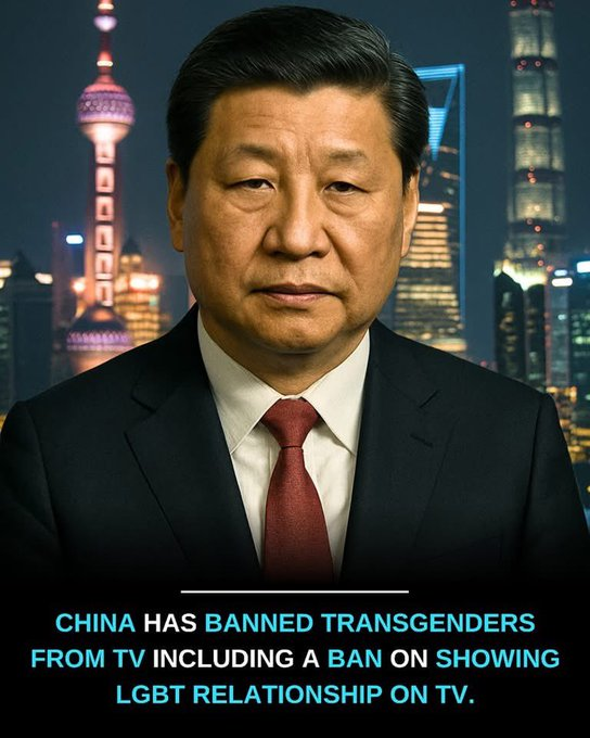 WallStreetMav's tweet photo. 🇨🇳China enforces strict media rules: Transgenders and LGBT relationships banned from TV! 📺

Every country needs to do this! https://t.co/JuvFKwt9m1