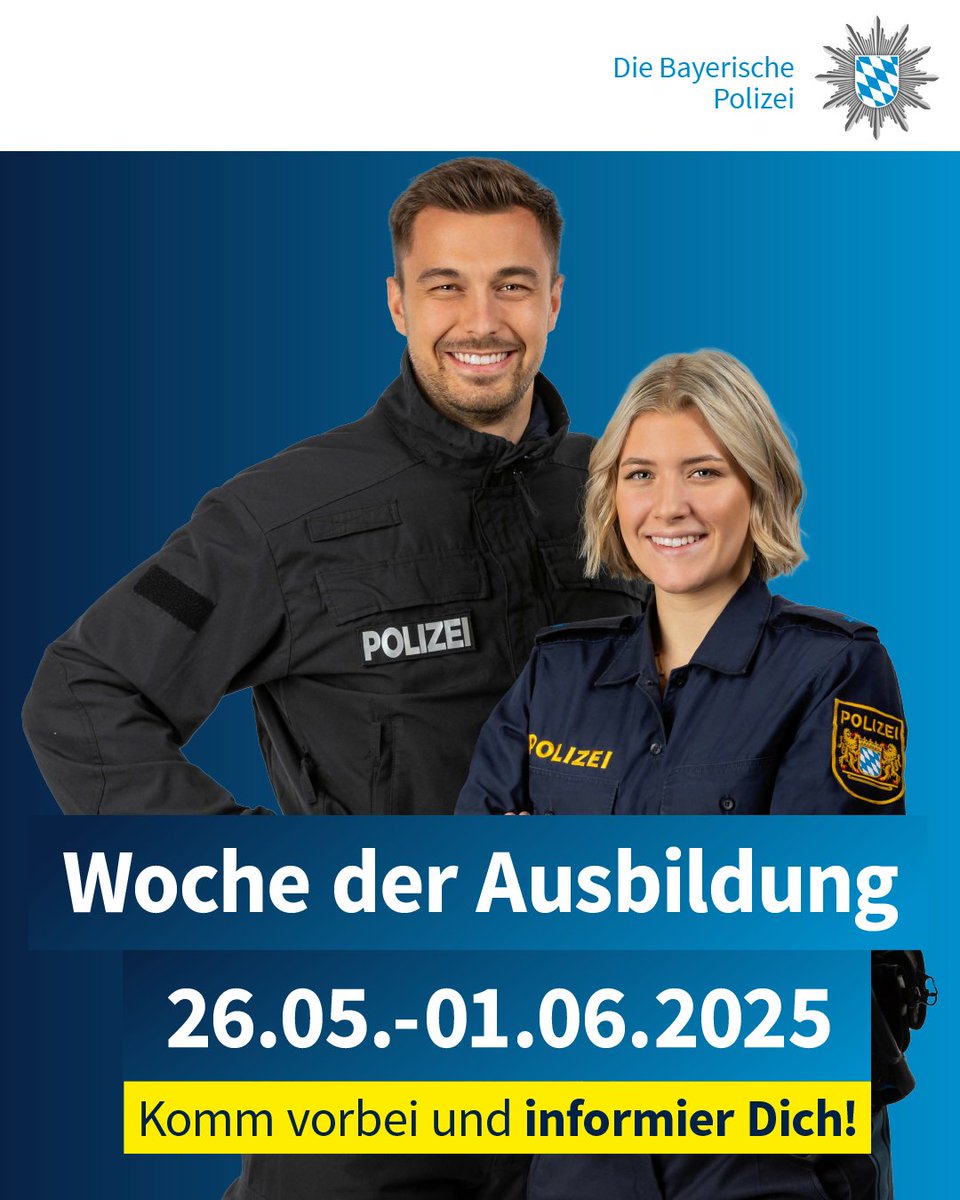 #WocheDerAusbildung
Ihr seid auf der Suche nach einem verantwortungsvollen und sinnstiftenden Job mit abwechslungsreichen Herausforderungen? Dann seid ihr bei uns genau richtig! Bewerbt euch jetzt und startet bei uns im Team durch.

team.polizei.bayern.de

Wir zählen auf euch!
