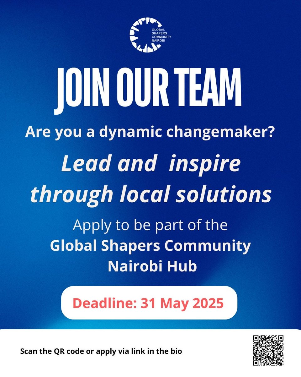Are you a Nairobi resident between 18–27 &amp; passionate about driving real change in your community? 

Join the Global Shapers Community – Nairobi Hub! 

Lead, inspire, and build impactful local solutions.

📅 Deadline: May 31, 2025
🔗 Apply via this link: rebrand.ly/srdh1a8