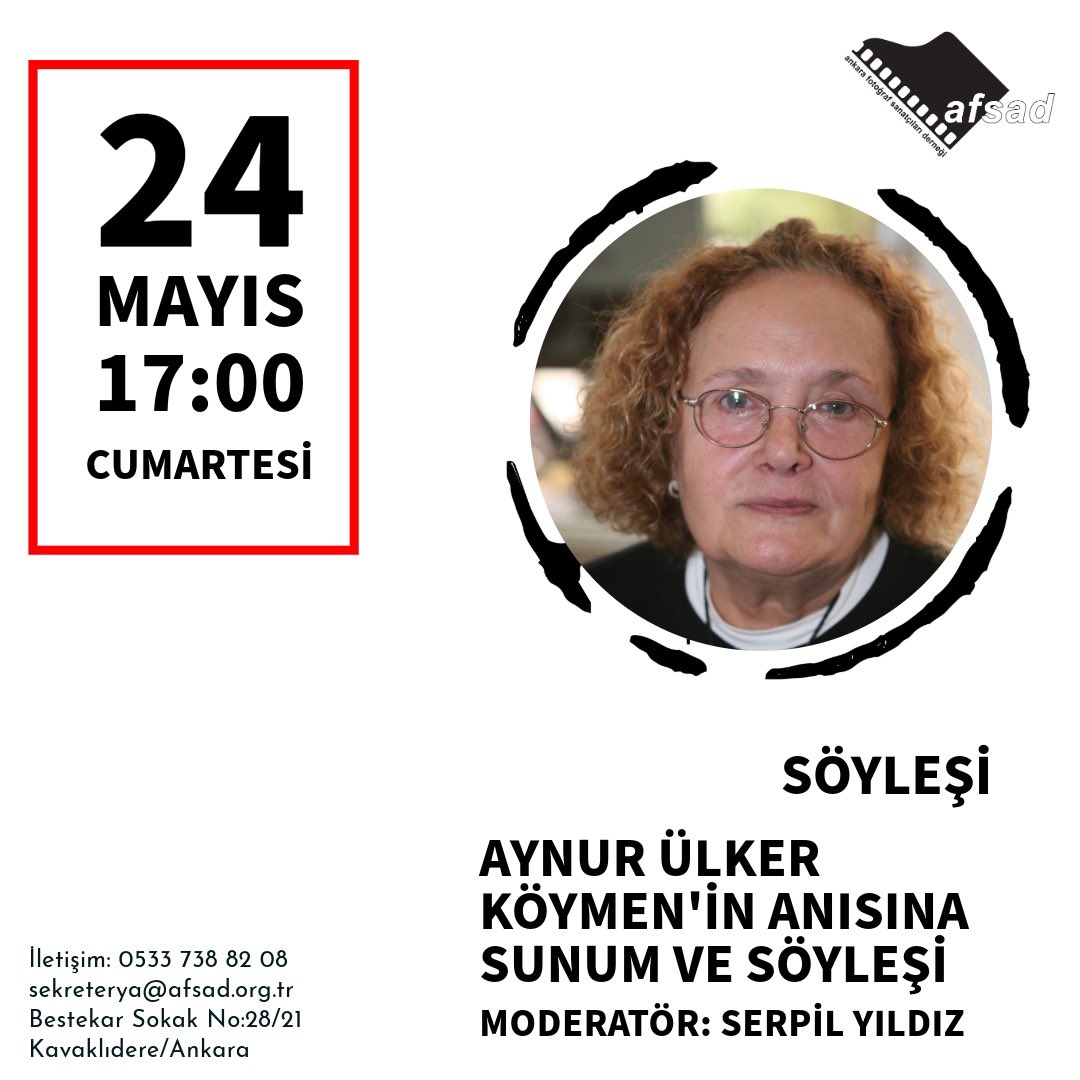 Aynur Ülker Köymen’in Anısına
Sunum Ve Söyleşi

Moderatör: Serpil Yıldız

24 Mayıs Cumartesi
17:00’de AFSAD’da görüşmek üzere…

#afsad #ankara #aynurülkerköymen