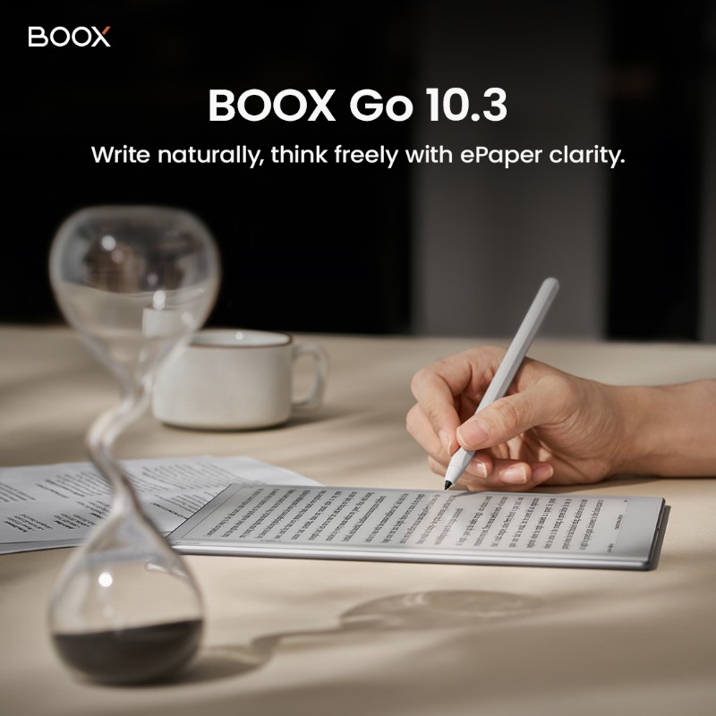 OnyxBoox's tweet photo. Experience natural, paper-like writing on the ultra-thin 4.6mm BOOX Go 10.3.