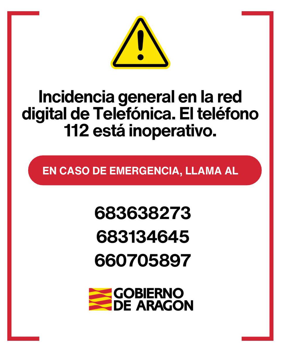 ⚠️ Incidencia general en la red digital de Telefónica. 

El teléfono 112 está inoperativo.

‼️En caso de emergencia, llama al:

📞683638273
📞683134645
📞660705897