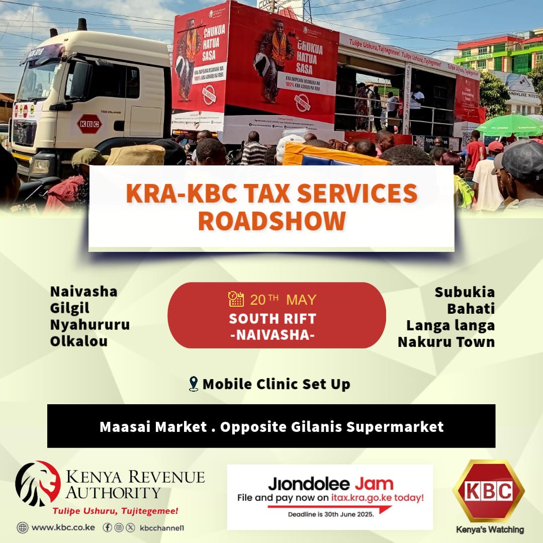 KRACare's tweet photo. Naivasha 🔊 

Leo #KRATaxAmnesty tunaanguka maeneo ya Naivasha, Gilgil, Nyahururu, Olkalou, Subukia, Bahati, Langa Langa na Nakuru town.   

Jitokeze upate usaidizi wa ku-file KRA tax returns zako za 2024 na zawadi kemkem! 

#KRATaxAmnesty #KRAFilingSeason2025 https://t.co/D2R1qpsODK