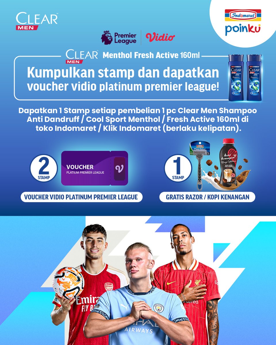 Indomaret's tweet photo. Mau voucher Vidio Platinum Premier League? ⚽ Kumpulkan Stamp Clear Men & dapatkan hadiahnya!
Tukarkan stamp kamu dengan berbagai hadiah menarik! 🎁
Cek S&K lengkap di aplikasi Indomaret Poinku
Periode : 15 Mei - 15 Juni 2025
#Indomaret #IndomaretPoinku #StampPoinku #ClearMen https://t.co/FegFtGlecw