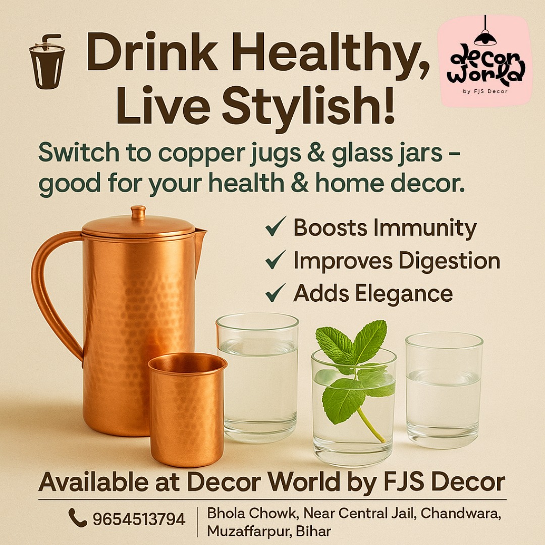 decorworldfjs's tweet image. 🥤 Drink Healthy, Live Stylish!
Switch to copper jugs &amp;amp; glass jars – good for your health &amp;amp; home decor.
✅ Boosts Immunity
✅ Improves Digestion
✅ Adds Elegance

📍 Bhola Chowk, Near Central Jail, Chandwara, Muzaffarpur, Bihar
📞 9654513794

#CopperJug #DrinkHealthy
