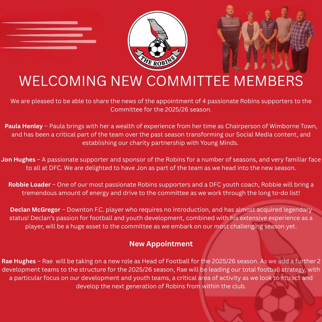 Downton FC (@downtonfc) on Twitter photo 🚨Downton FC announces new committee members! As preparations continue for the upcoming season we welcome 4 new members. Welcome to the DFC committee <a href="/PaulaHenley7/">Paula Henley ⚽️</a> <a href="/dec_9/">declan mcgregor 🇮🇪</a> Jon Hughes & Robbie Loader. Also a change in role for <a href="/Rae_Hughes/">Rae Hughes</a> as Head of Football. Shaping up nicely 👌 🚨Downton FC announces new committee members! As preparations continue for the upcoming season we welcome 4 new members. Welcome to the DFC committee <a href="/PaulaHenley7/">Paula Henley ⚽️</a> <a href="/dec_9/">declan mcgregor 🇮🇪</a> Jon Hughes & Robbie Loader. Also a change in role for <a href="/Rae_Hughes/">Rae Hughes</a> as Head of Football. Shaping up nicely 👌