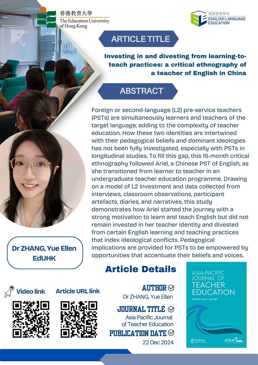 Eduhk_ELE's tweet photo. ELE's Open Knowledge Poster (#34)
Investing in and divesting from learning-to-teach practices: a critical ethnography of a teacher of English in China
#EdUHK #poster #education #qualityresearch #socialimpact #openscience https://t.co/4OH2emMTdQ