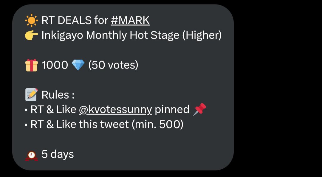 joyfulmarkly's tweet photo. ☀ RT DEALS for #MARK
👉 Inkigayo Monthly Hot Stage (Higher)

🎁 1000 💎 (50 votes)

📝 Rules : 
• RT &amp; Like @kvotessunny pinned 📌
• RT &amp; Like this tweet (min. 500)

🕰 5 days https://t.co/QAjwLlJInb