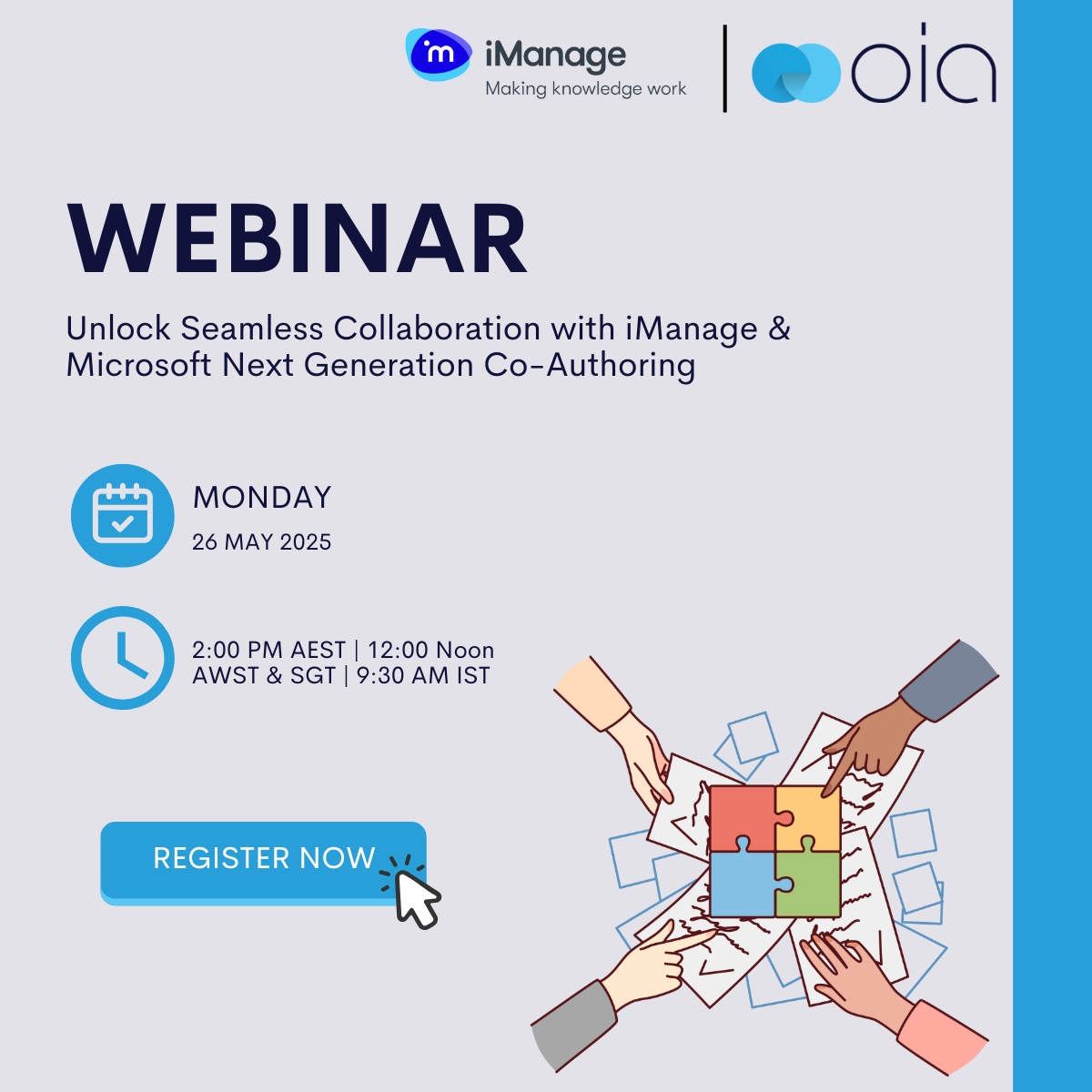 Join OIA in partnership with iManage for a 45-minute webinar on transforming the way teams work.

📅 Monday 26 May
🕒 2:00 PM AEST | 12 Noon AWST &amp; SGT | 9:30 AM IST
🎤 Featuring Yvonne Kelly from OIA

Link: lnkd.in/eqd8Nb3c