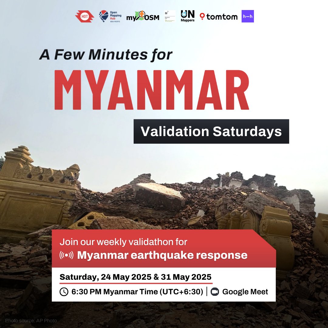 Join us again this Saturday for the second session of Validation Saturdays for Myanmar!

🗓 Saturday, 24 May 2025
🕡 6:30 PM (Myanmar)
🎥 Online via Google Meet
🌐 Open to intermediate and advanced mappers

🔗 Register now! forms.gle/EwRYHaCAZcn5Sf…