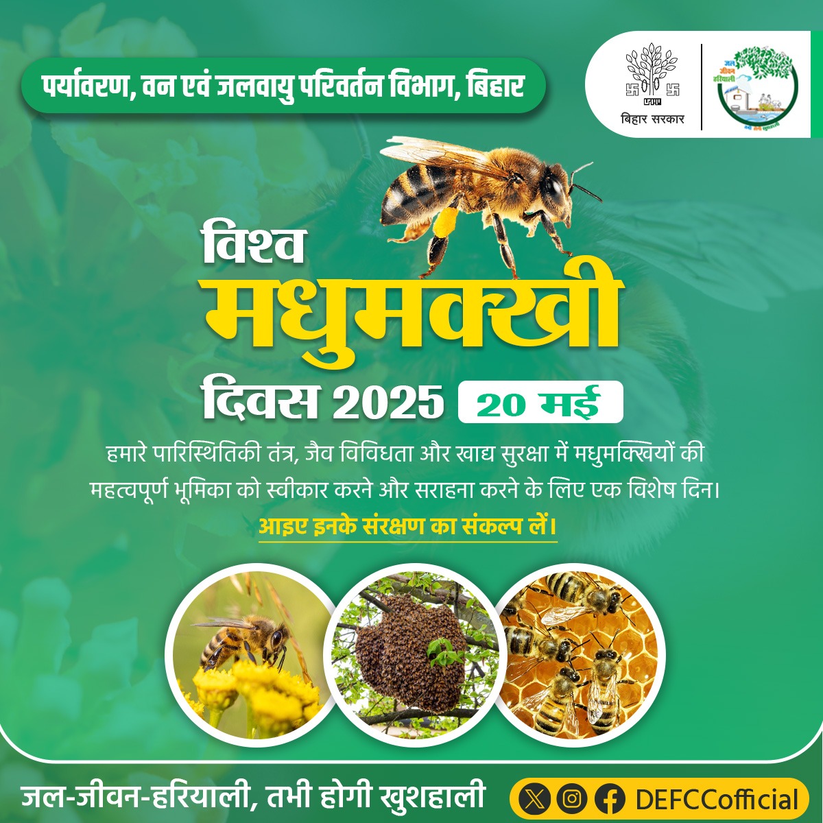 DEFCCOfficial's tweet photo. 🐝 विश्व मधुमक्खी दिवस 2025 🐝
मधुमक्खियाँ सिर्फ शहद नहीं देतीं, वे जैव विविधता और कृषि की रीढ़ हैं।
आइए, इस #WorldBeeDay पर संकल्प लें कि हम इनके प्राकृतिक आवासों की रक्षा करेंगे और परागणकर्ताओं के प्रति जागरूकता फैलाएँगे।
🌱 #BeeConscious #Environment #BiharForest https://t.co/OIW9Sx9c9V