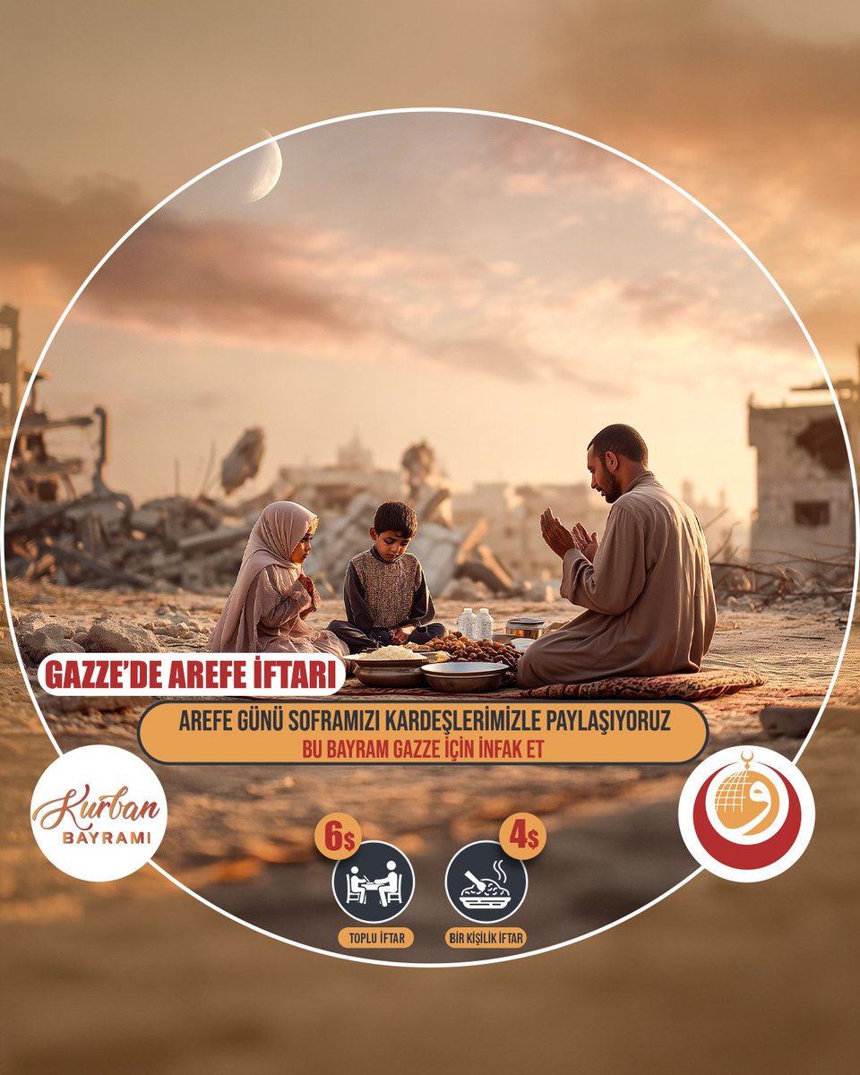Kurban Bayramı arefesinde, Gazzeli kardeşlerimize desteklerinizle iftar dağıtımı gerçekleştiriyoruz.

"Kim bir oruçluyu iftar ettirirse, kendisine onun sevabı kadar sevap yazılır."
(Tirmizî, Savm 82)

🥣Bir kişilik iftar: 4$
🥣Toplu iftar: 6$

📥BAĞIŞ BİLGİLERİ:

HESAP ADI: