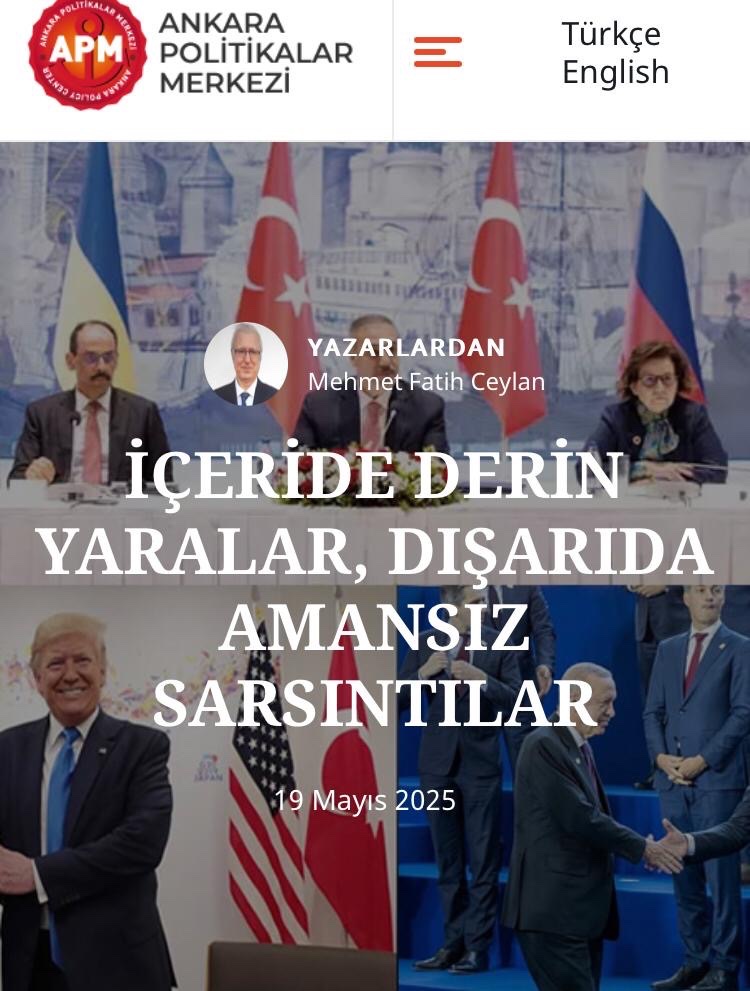 Ankara Politikalar Merkezi (@apmorgtr) on Twitter photo ✍🏼 #apmyazıları
“İçeride Derin Yaralar, Dışarda Amansız Sarsıntılar” Büyükelçi <a href="/FATHCEYLAN8/">FATİH CEYLAN</a> yazdı. 👇🏼
apm.org.tr/2025/05/19/ice… ✍🏼 #apmyazıları
“İçeride Derin Yaralar, Dışarda Amansız Sarsıntılar” Büyükelçi <a href="/FATHCEYLAN8/">FATİH CEYLAN</a> yazdı. 👇🏼
apm.org.tr/2025/05/19/ice…
