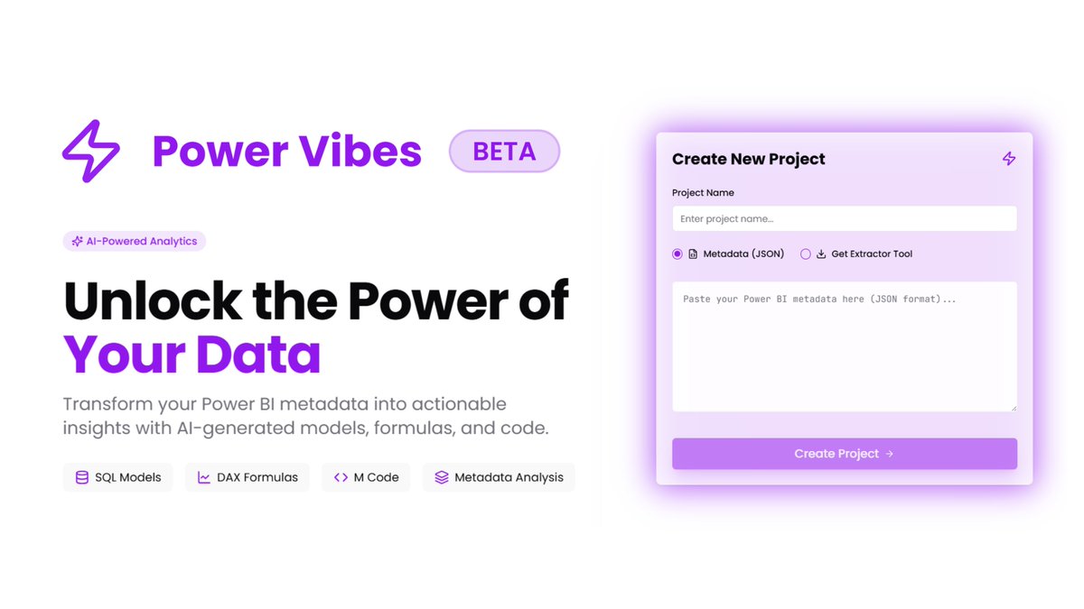 Unlock the power of your data with AI! Upload your Power BI metadata for insights &amp; optimized SQL models. Try Power Vibes Beta now! Link in comments. #AI #DataAnalytics #PowerBI #SQL #DAX #Insights #DataTransformation  
powervibes.co