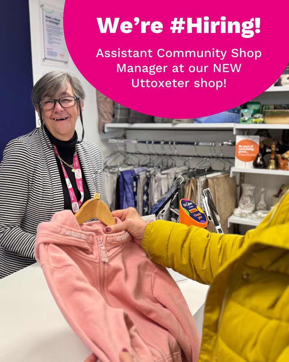 Join #TeamStGiles as an Assistant Community Shop Manager for our NEW Uttoxeter shop (coming soon!) 🛍

Apply here by Sunday 25th May 👉🏼 buff.ly/WA2FldE