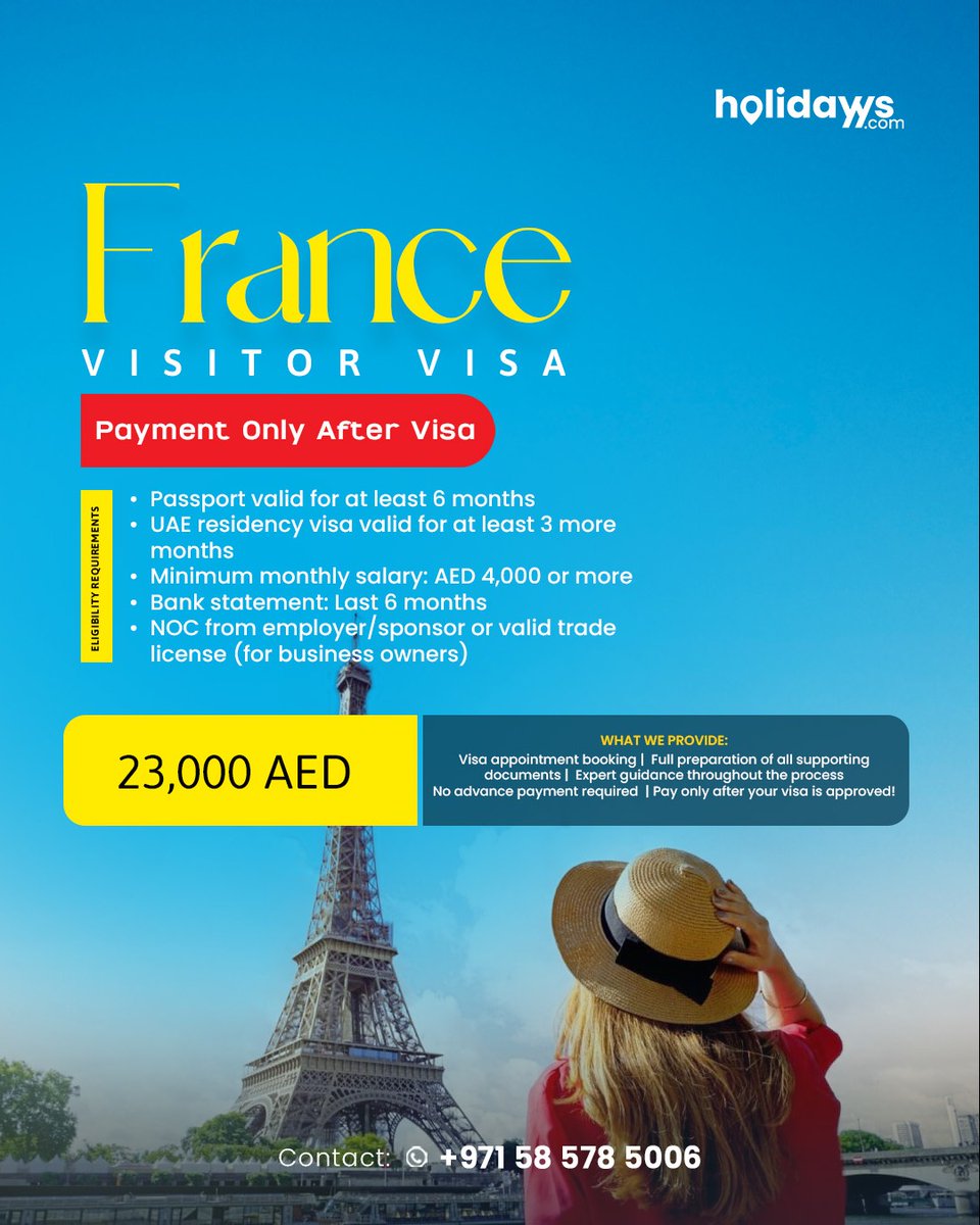 HolidayysC's tweet photo. Dreaming of Paris? Now’s Your Chance!
Get your France Visitor Visa with complete peace of mind — Pay Only After Approval!
📌 AED 23,000 total

📞 Contact us today: +971 58 578 5006 | 🌍 https://t.co/GFTA8Waw34 https://t.co/gR0gbYWXiM