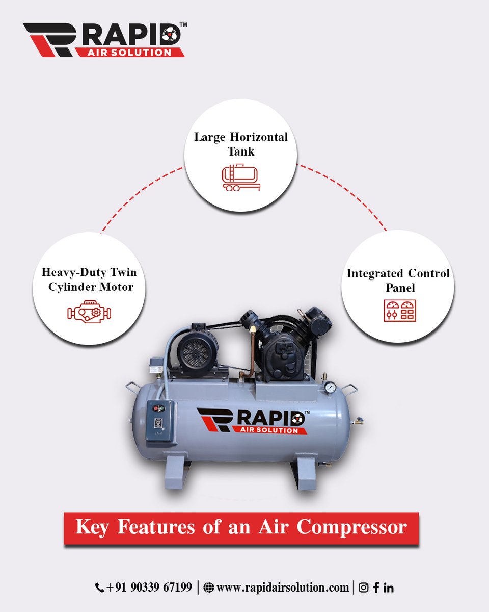rapidairsol's tweet photo. Power. Capacity. Control. 💨
Built tough with a twin cylinder motor, large tank &amp; smart control.
📞 Call/WhatsApp: +91 93270 08983
📩 Visit: https://t.co/TojDA0JGH9
#RapidAirSolution #AirCompressor #IndustrialPower #highqualityfinishing #powersaving https://t.co/rjlBKrGvZI