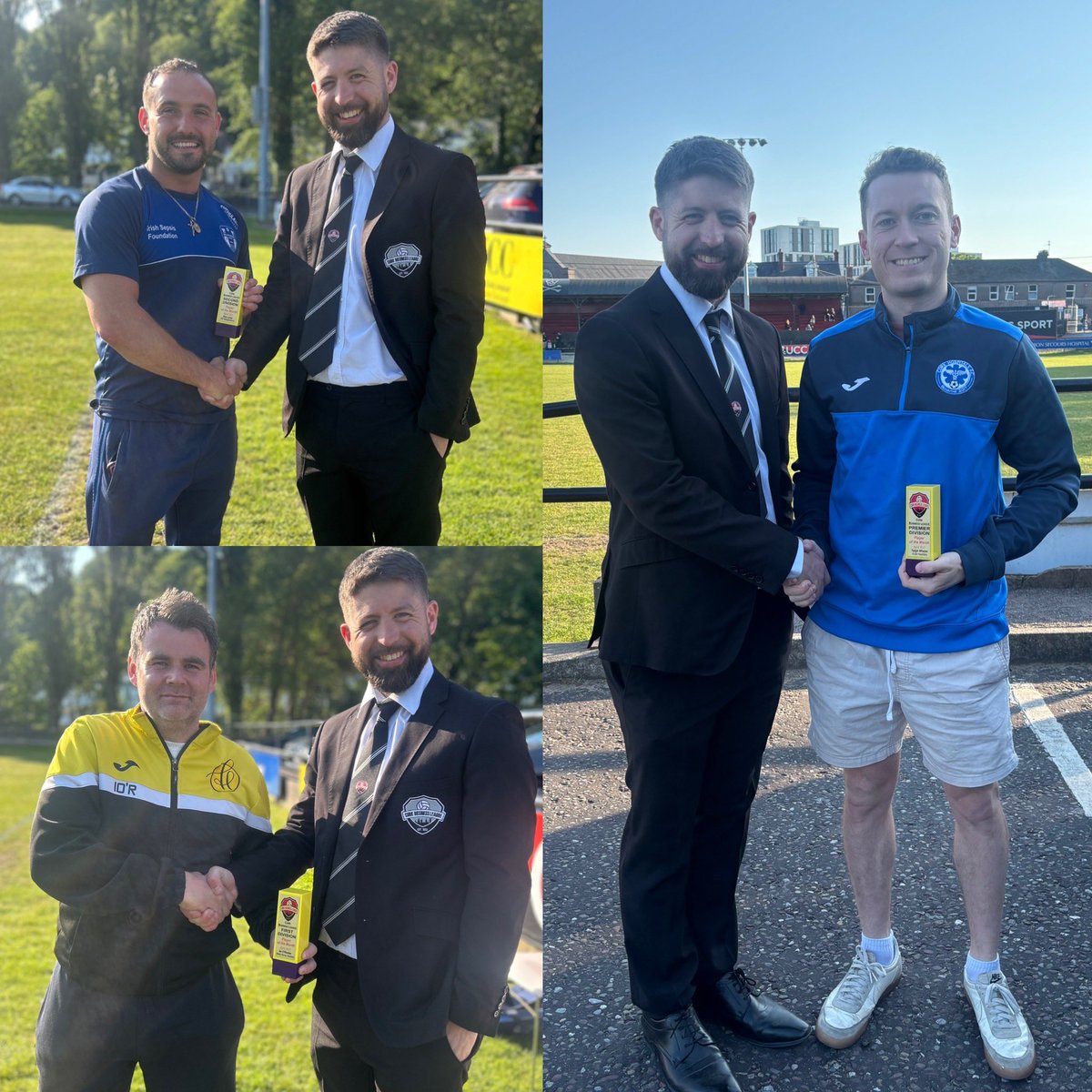All 3 of our April Player of the Month Winners accept their award off CBL Secretary Peter Travers at the Mardyke recently!

📸 Top Left: Rob Lynam (ISF Ballyphehane Celtic), Bottom Left: Ian O’Riordan (Martin Harvey Solicitors) &amp; Right: Tadgh Whelan (Cork Hospitals)