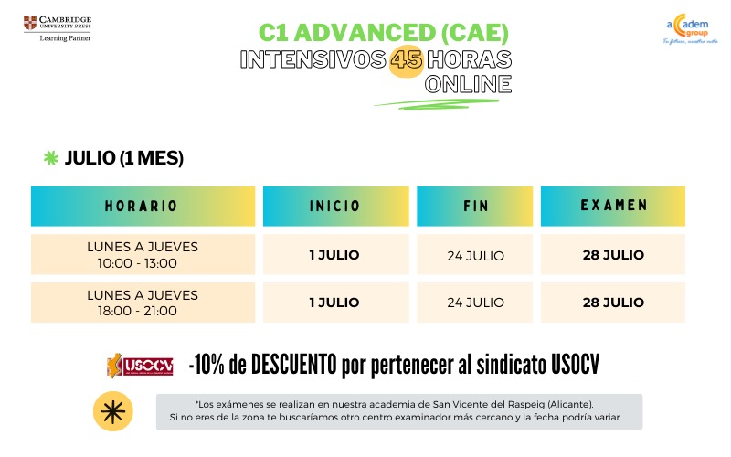🚨ACUERDO USOCV- ACCADEM GROUP DESCUENTO 10% AFILIADOS🚨
✅Gracias al acuerdo entre USOCV y aCCadem Group, nuestros afiliados pueden acceder con descuento a los cursos intensivos de inglés y valenciano, presenciales y online. Información: aCCadem Group 965672777