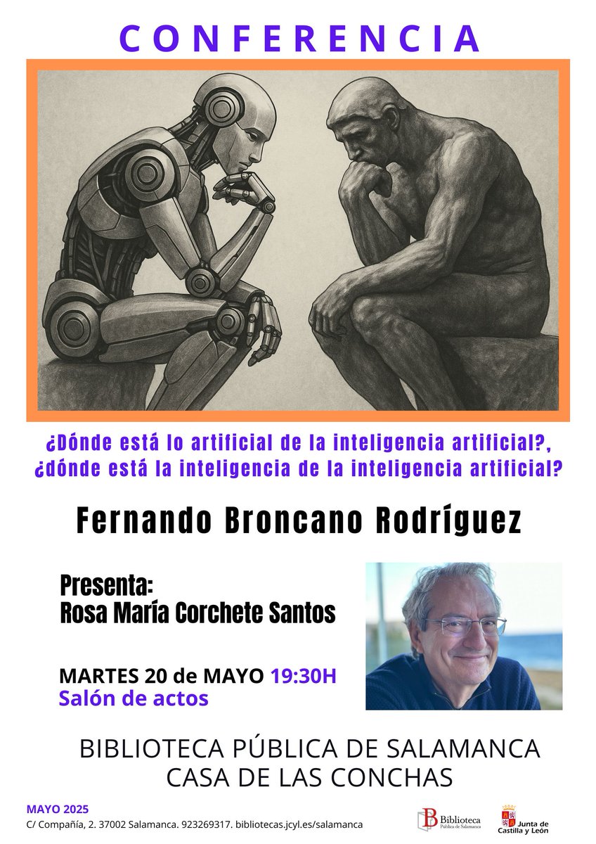 "¿Dónde está lo artificial de la inteligencia artificial? ¿Dónde está la inteligencia de la inteligencia artificial?" es título de la conferencia, que hoy, Fernando Broncano, Catedrático de Lógica y Filosofía de la Ciencia y Doctor en Filosofía <a href="/usal/">Universidad de Salamanca</a>, impartirá en la biblioteca.