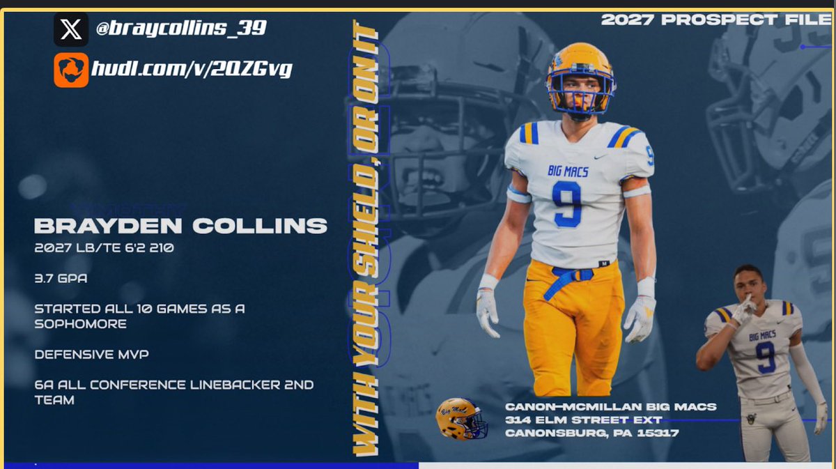 CANON-MCMILLAN FOOTBALL (@bigmacsfootball) on Twitter photo Great to get over one of our 2027 players homes whose getting some real recruiting attention right now. Brayden Collins is a 3.75 Gpa and was a dominate LB last year as a sophomore. He is a tough kid with tremendous upside! <a href="/TribLiveHSSN/">TribLive HSSN</a> <a href="/wpialsportsnews/">WPIAL Sportsmen</a> <a href="/WPIAL_Insider/">WPIAL Insider</a> Great to get over one of our 2027 players homes whose getting some real recruiting attention right now. Brayden Collins is a 3.75 Gpa and was a dominate LB last year as a sophomore. He is a tough kid with tremendous upside! <a href="/TribLiveHSSN/">TribLive HSSN</a> <a href="/wpialsportsnews/">WPIAL Sportsmen</a> <a href="/WPIAL_Insider/">WPIAL Insider</a>