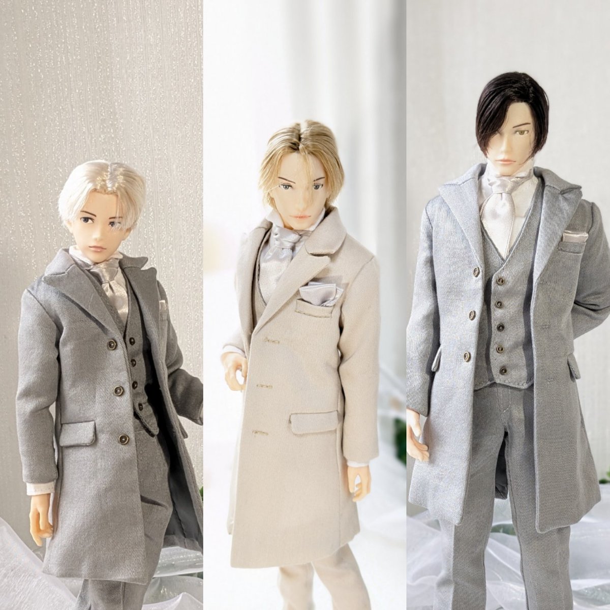 AcoApricot's tweet photo. フロックコートはグレーとベージュの2色

ナインの見本はベージュだけどグレーと選べます🤗

フルセットとタキシード上下のみと受付ます
画像は同じのを使います

今からプレビュー作業に入ります😉✨✨✨

#六分の一男子図鑑 
#オビツ30
#momoko
#ウェディング
#ウェディングドレス
#タキシード https://t.co/AbtQOn2hYz