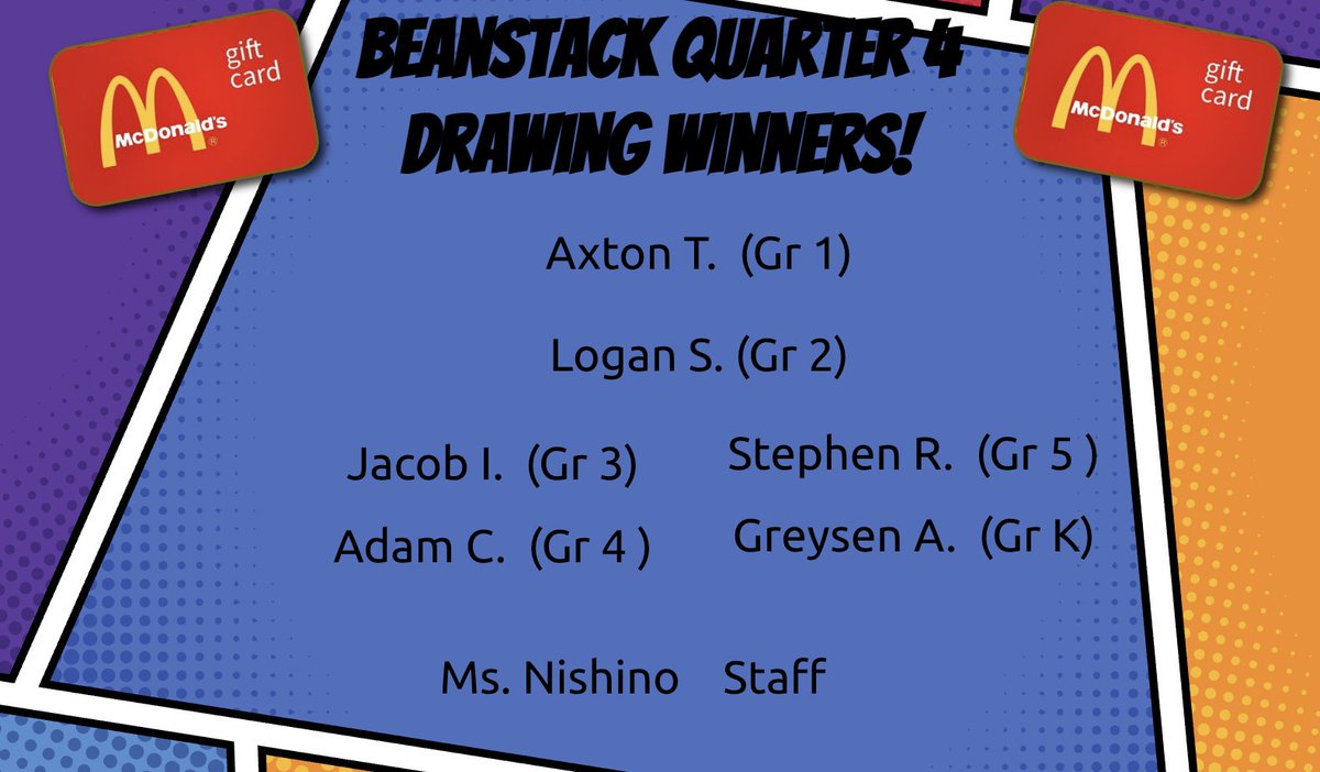 Congrats to our <a href="/EBESBees/">Ewa Beach Elementary</a> who logged their minutes on Beanstack during the 4th Quarter!  They each received $10 McDonald's gift cards for their efforts.